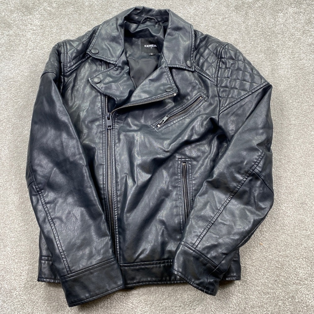 Express Moto Jacket Mens XS Black Faux Leather Quilted Biker Asymmetrical Zip